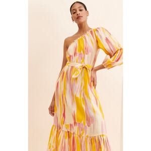 Anthropologie X Little Lie Costa Rica One Shoulder 10% Linen MIDI‎ Dress Sz Med